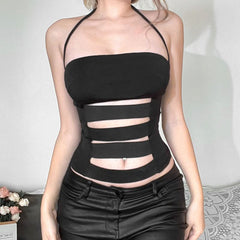 Halter hollow out solid cut out top