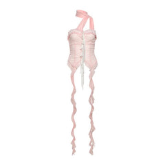Halter ruffle mesh lace hem top