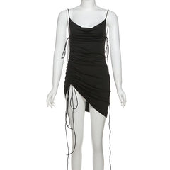 Drawstring cowl neck cami mini dress