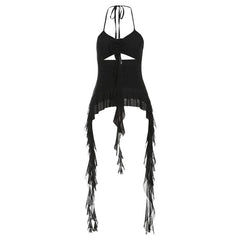 Halter mesh flower applique hollow out ruffle cut out top