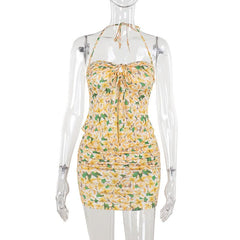 Halter flower print ruched mini skirt set