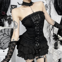 Ruffle halter lace up lace tube top