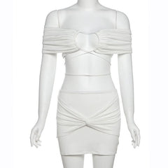 Off shoulder self tie ruched mini skirt set