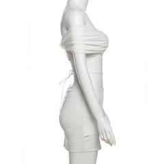 Off shoulder self tie ruched mini skirt set