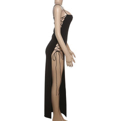 Spaghetti strap high slit lace up cami maxi dress