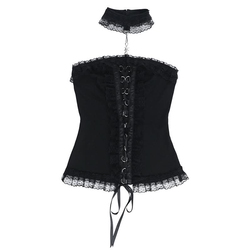 Ruffle halter lace up lace tube top