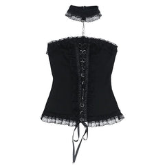 Ruffle halter lace up lace tube top