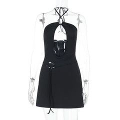 Halter metal ring hollow out cut out mini dress