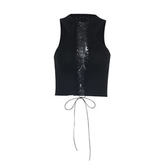 Lace up hollow out ruffle solid crop cut out top