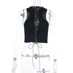 Lace up hollow out ruffle solid crop cut out top