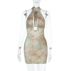 Halter self tie hollow out print beaded cut out mini dress
