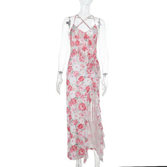 Cross back v neck slit ruffle flower print maxi dress