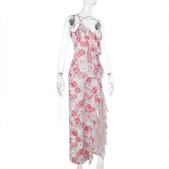 Cross back v neck slit ruffle flower print maxi dress
