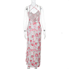 Cross back v neck slit ruffle flower print maxi dress