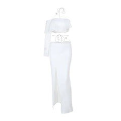 Long sleeve irregular slit halter maxi skirt set