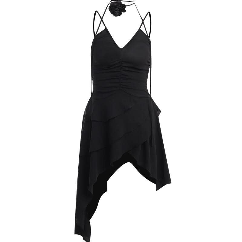 Ruched v neck irregular backless cami mini dress