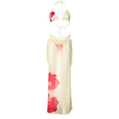Halter self tie v neck print 3 piece maxi skirt set