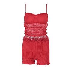 Ruffle ruched mesh tassels solid cami pant set
