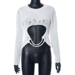 Long sleeve hollow out crewneck knitted cut out top