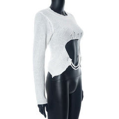 Long sleeve hollow out crewneck knitted cut out top