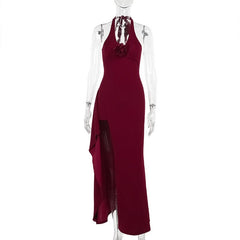 Slit halter self tie flower applique zip-up maxi dress