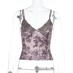 Lace hem v neck bowknot print cami top