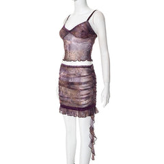 Ruffle v neck ruched print cami mini skirt set