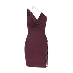 Cowl neck hollow out o ring metal chain cami cut out mini dress