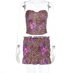 Leopard print ruched sweetheart neck tube mini skirt set-final-sale