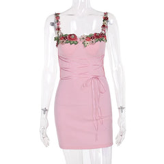 Self tie flower applique square neck cami mini dress