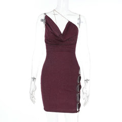 Cowl neck hollow out o ring metal chain cami cut out mini dress