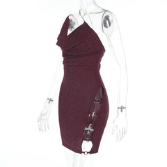 Cowl neck hollow out o ring metal chain cami cut out mini dress