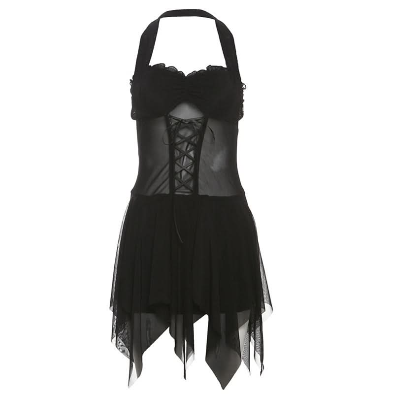 Halter ruffle mesh lace up mini dress