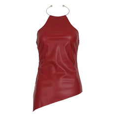 Halter PU leather irregular zip-up top
