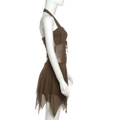 Halter ruffle mesh lace up mini dress