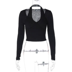 Long sleeve halter solid top