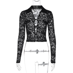 Long sleeve turnover collar lace button top