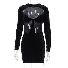 Long sleeve hollow out velvet cut out mini dress
