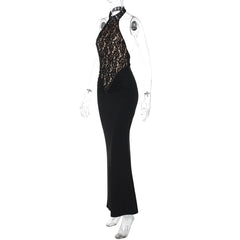 Halter backless lace ruched maxi dress