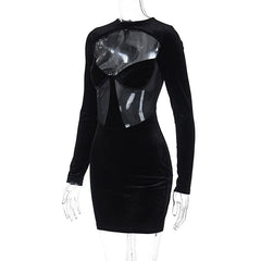 Long sleeve hollow out velvet cut out mini dress