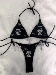 Halter self tie beaded cross applique short pant set