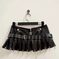 Pleated zip-up belt skull applique mini skirt