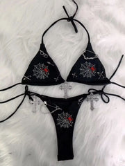 Halter self tie beaded cross applique short pant set