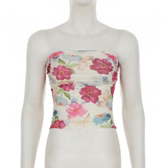 Ruched flower print backless tube top