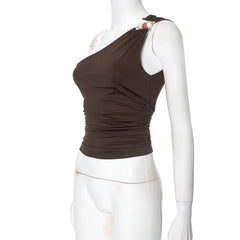One shoulder irregular ruched beaded solid top