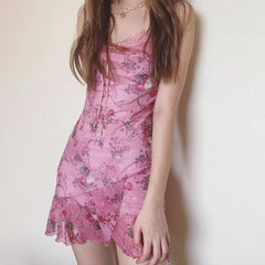 Lace hem v neck bowknot flower print cami mini dress