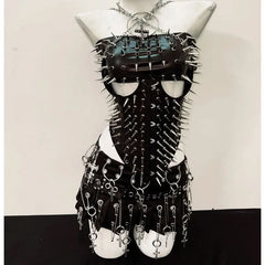 Metal chain rivet applique corset pleated mini skirt set