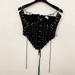 Metal chain rivet applique corset pleated mini skirt set