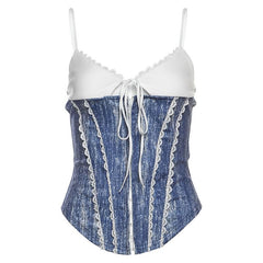 V neck lace hem self tie cami top