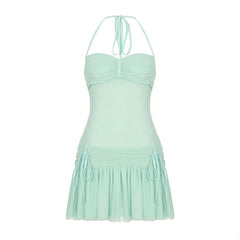 Halter drawstring ruched mesh mini dress